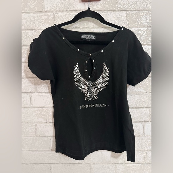 Women Biker Moto T-shirt Size Large Daytona Beach Rhinestone Studded Eagle 0035 - Picture 3 of 6
